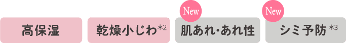 高保湿 乾燥小じわ*2 NEW 肌荒れ・あれ性 NEW シミ予防*3