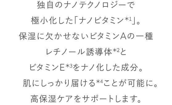 独自のナノテクノロジーで極小化した「ナノビタミン*1」。保湿に欠かせないビタミンAの一種レチノール誘導体*2とビタミンE*3をナノ化した成分。肌にしっかり届ける*4ことが可能に。高保湿ケアをサポートします。